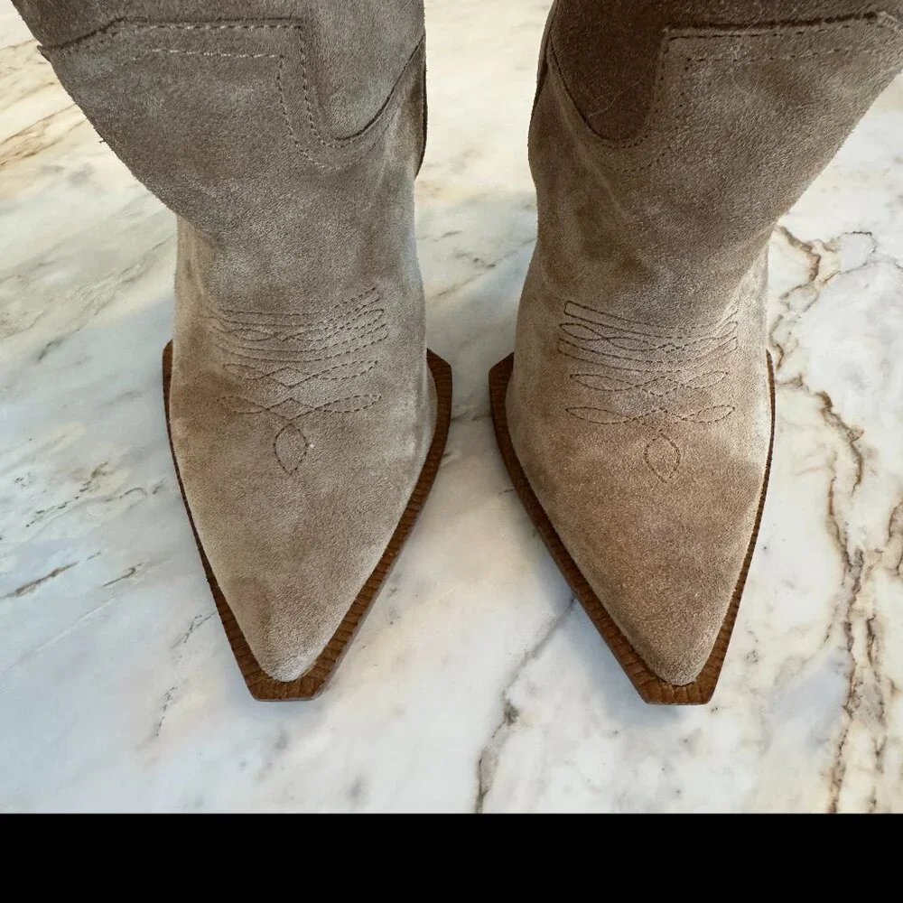 Steve Madden Tan Suede Western Knee-High Stiletto Boots - Picture 4 of 7